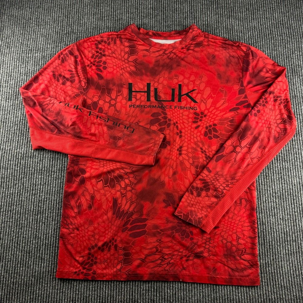Huk Performance Fishing Mens Red Kryptek Camo Long Sleeve Mesh Shirt Medium